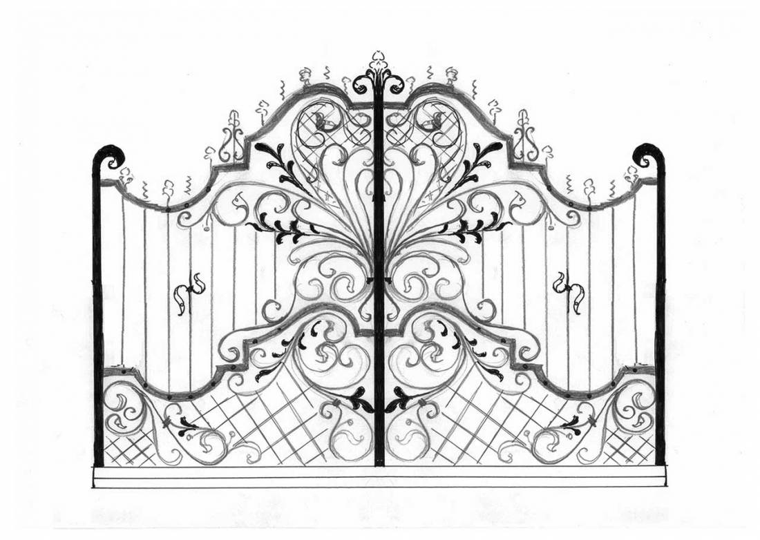 Disegno di un cancello in ferro battuto decorato